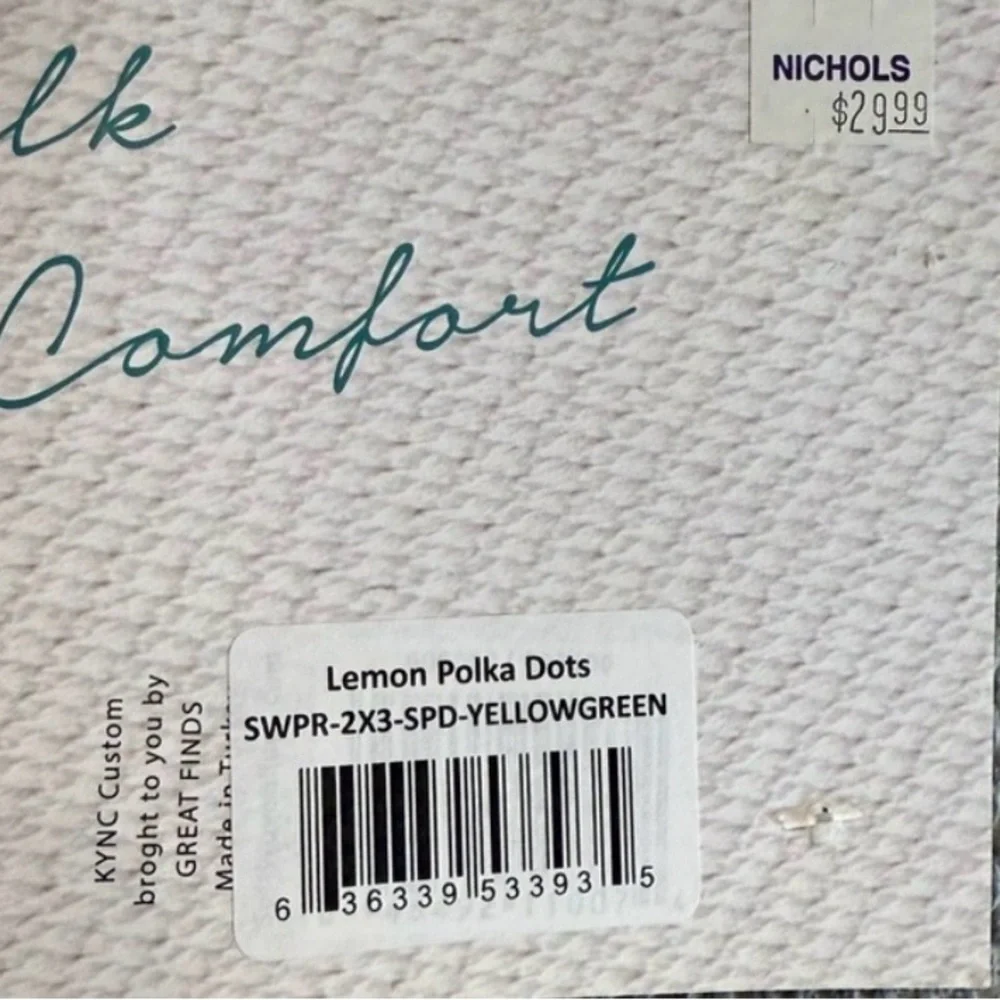Great Finds Lemon Polka Dot Rug 2x3 Grip Back Washable Yellow White Teal NWT